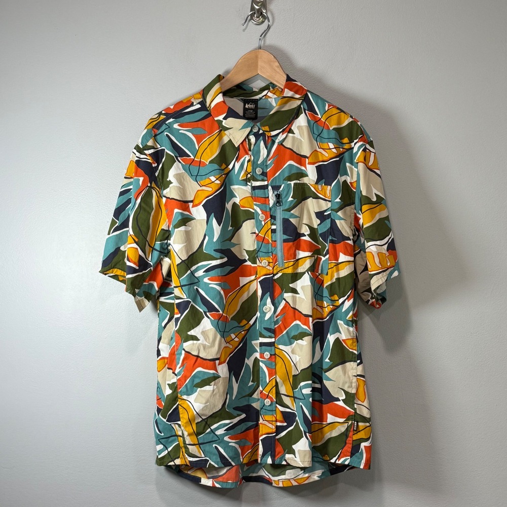 REI Co-op Mens Large Abstract Leaf Print Short Sleeve Button Down Shirt gorpcore